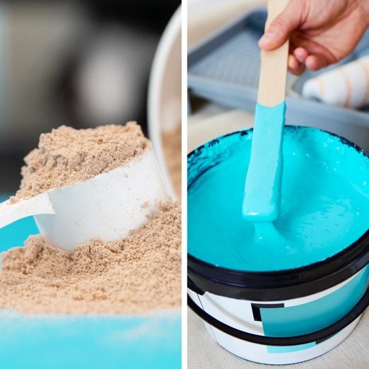 side by side of sand and blue paint